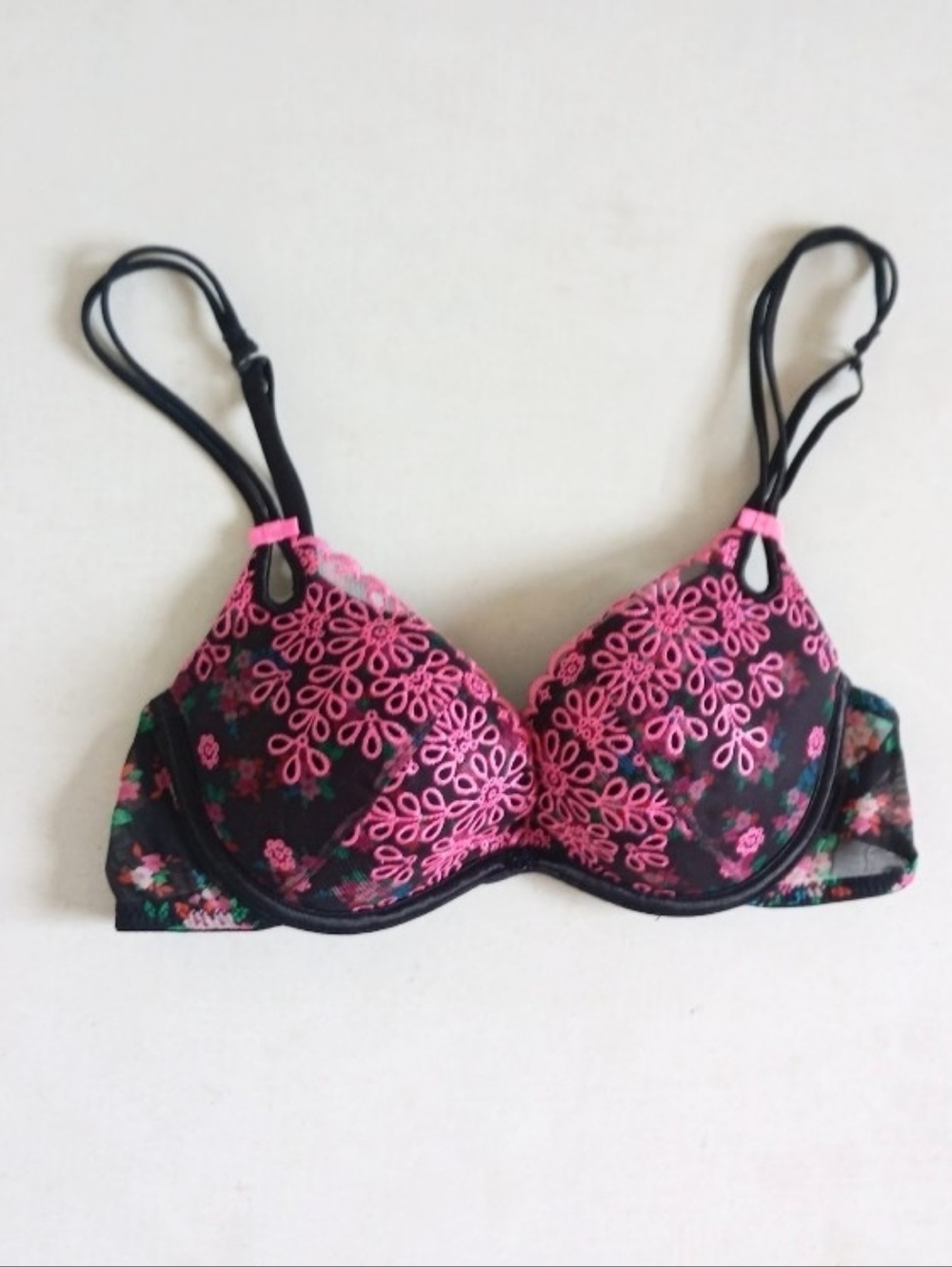 Victoria's Secret Sexy little things bra in black with pink floral trim